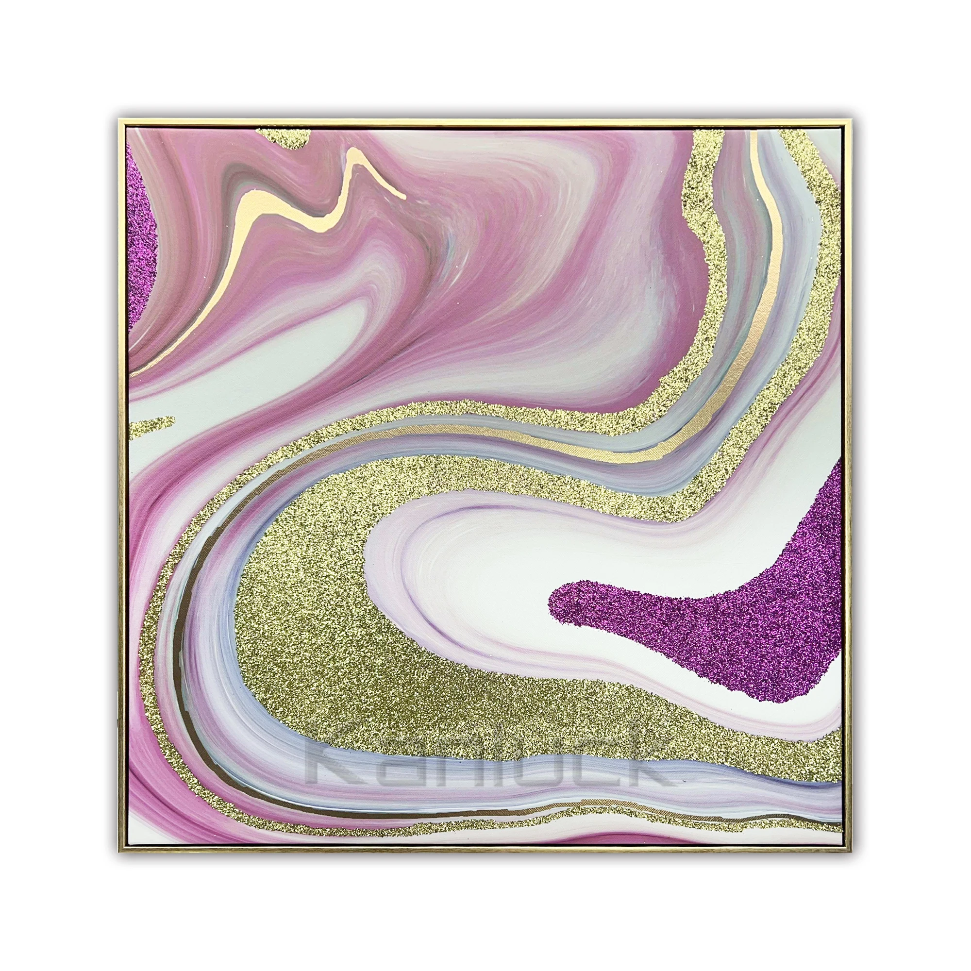 Pink And Gold Marble Texture Floating Frame Embellished Canvas Art For Home Decor