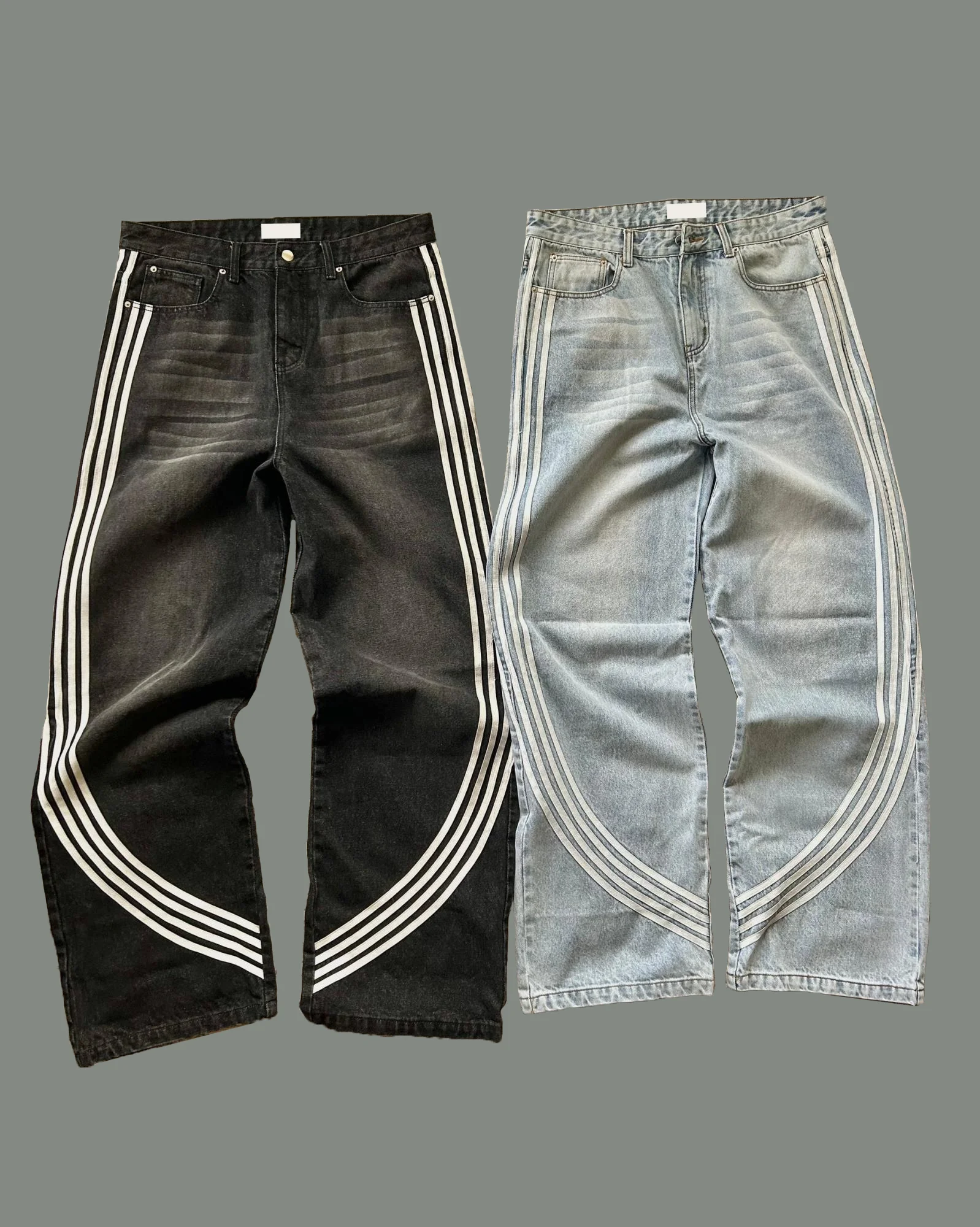 ZY manufactory cotton side striped straight leg unisex jean custom logo embroidery washed casual denim pants baggy jean trousers