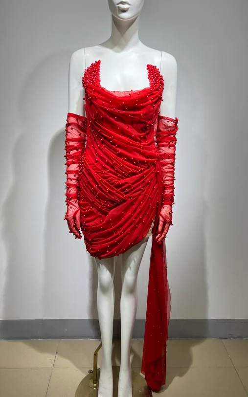 Fashion  Luxury High-Quality Low-Cut Sequin Pleated Tight Irregular Red Short Evening Dresses Birthday Party Prom Club Dress