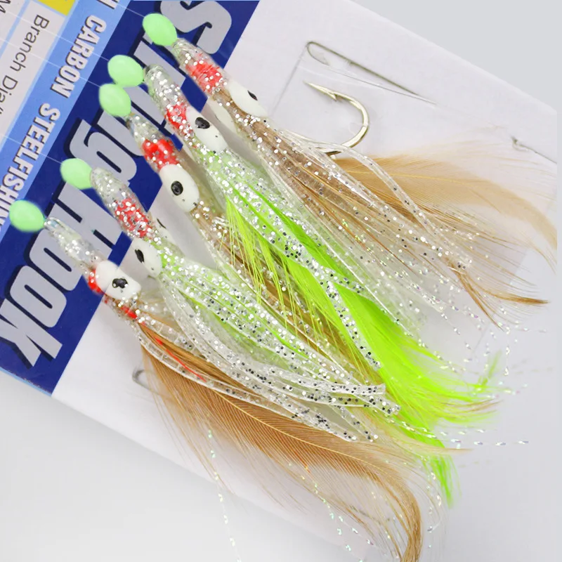 1/0# Luminous Beads Octopus Jig Fishing Lure Feather Sabiki String Hook
