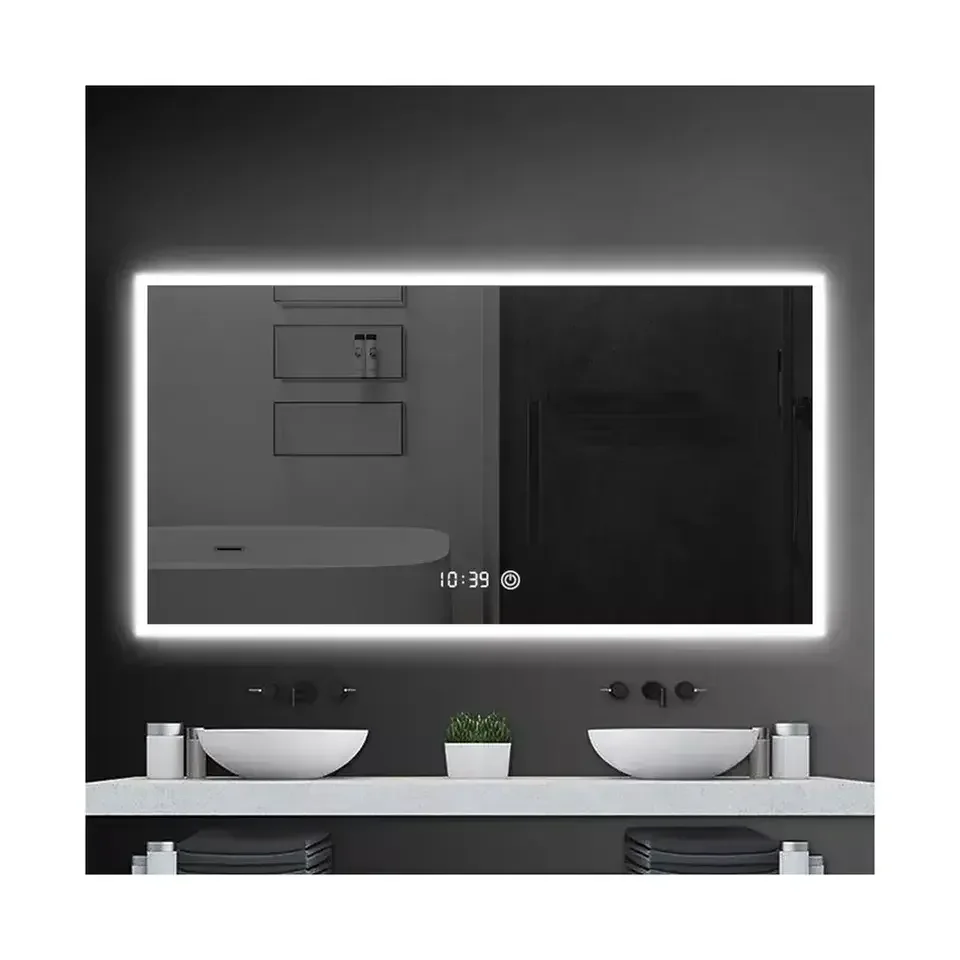 Modern Rectangle Digital Clock Touch Switch Wall Mounted Led Makeup Vanity Anti-Fog Bathroom Smart Mirror With Time Display