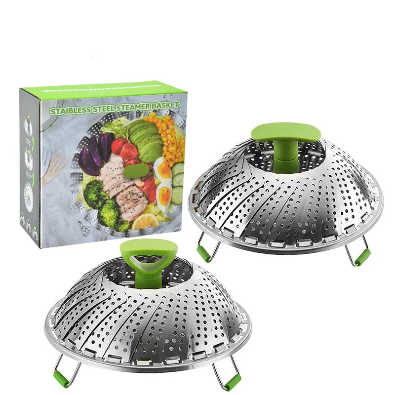 Folding Stainless Steel Vegetable Steamer for cooking Food Steamer Basket with Extending  Insert-Handle for Various Size Pots