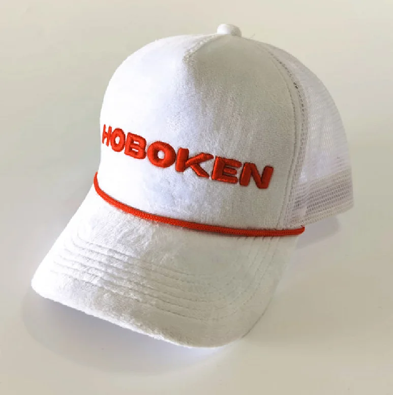 White Velour Fabric Puff Print 3d Embroidery Logo Mesh Baseball Caps Kids Trucker Hats With Red Rope