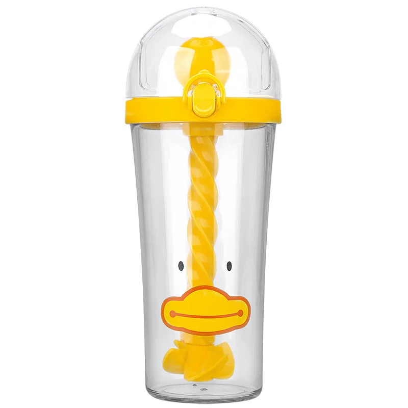 Clear 500ml customized hot selling portable drinking cup with lid and strawanimal cute plastic stirring water bottle