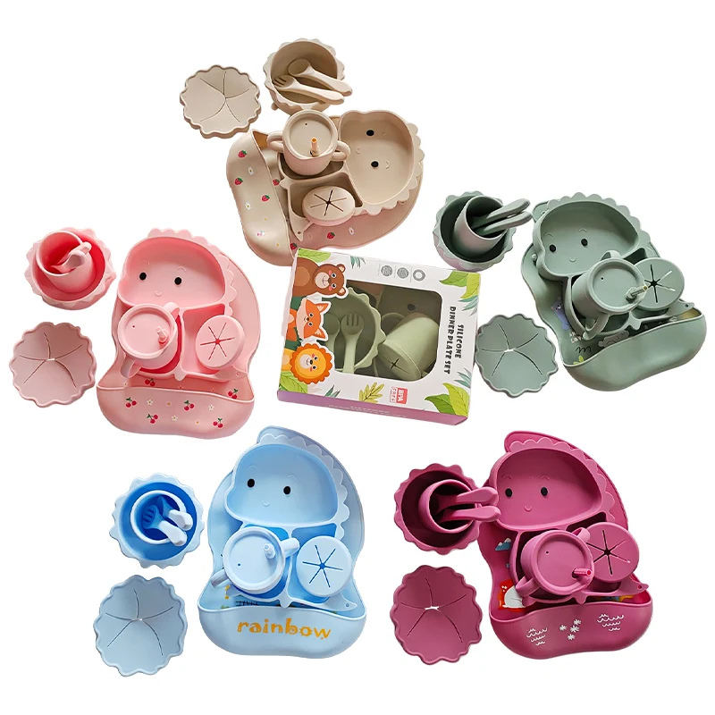 BSCI Certified Wholesale Customizable Non Toxic Food Grade Silicone Power Suction Cup Bowl Spoon Bib Baby Feeding Tableware Set