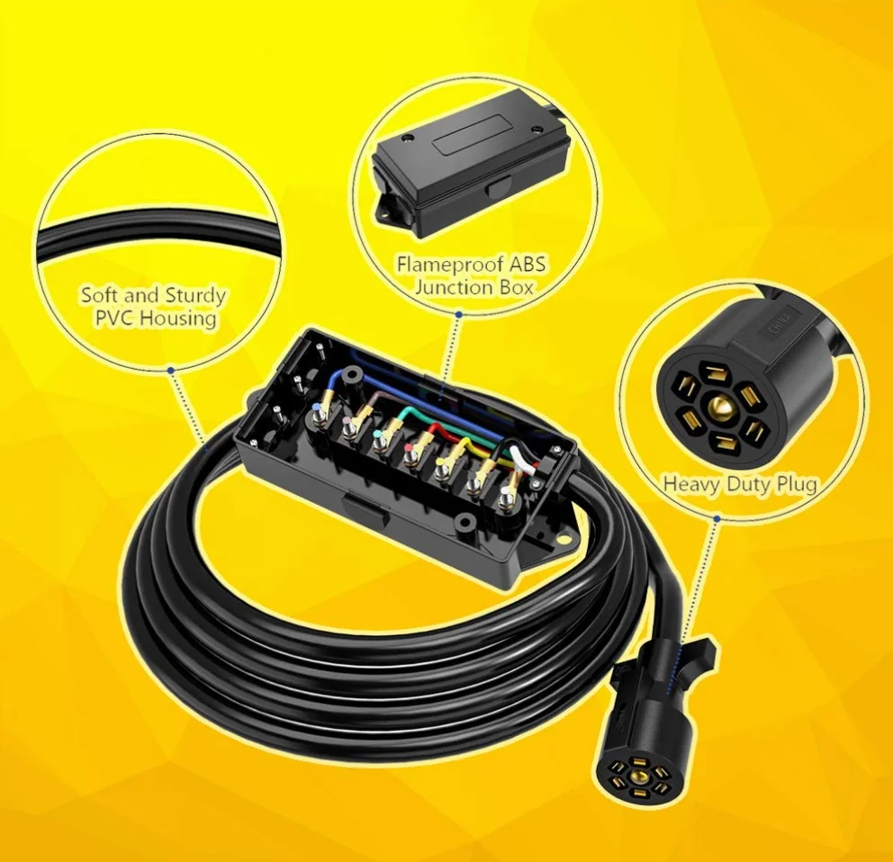 TC7-8W Heavy Duty 7 Way Plug Trailer Cord with 7 Gang Junction Box - 8 Feet Weatherproof Trailer Connector Cable Wiring Harness