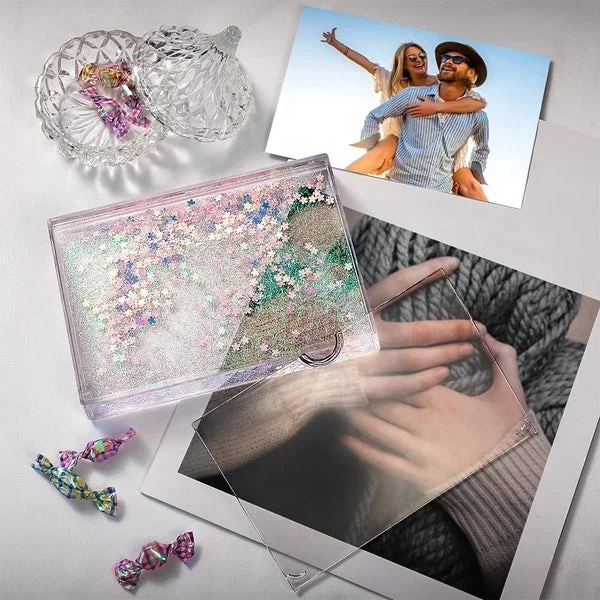 Clear 4x6 Inch Acrylic Camera Sequins Photo Frame With Liquid Snow Globe Picture Frame