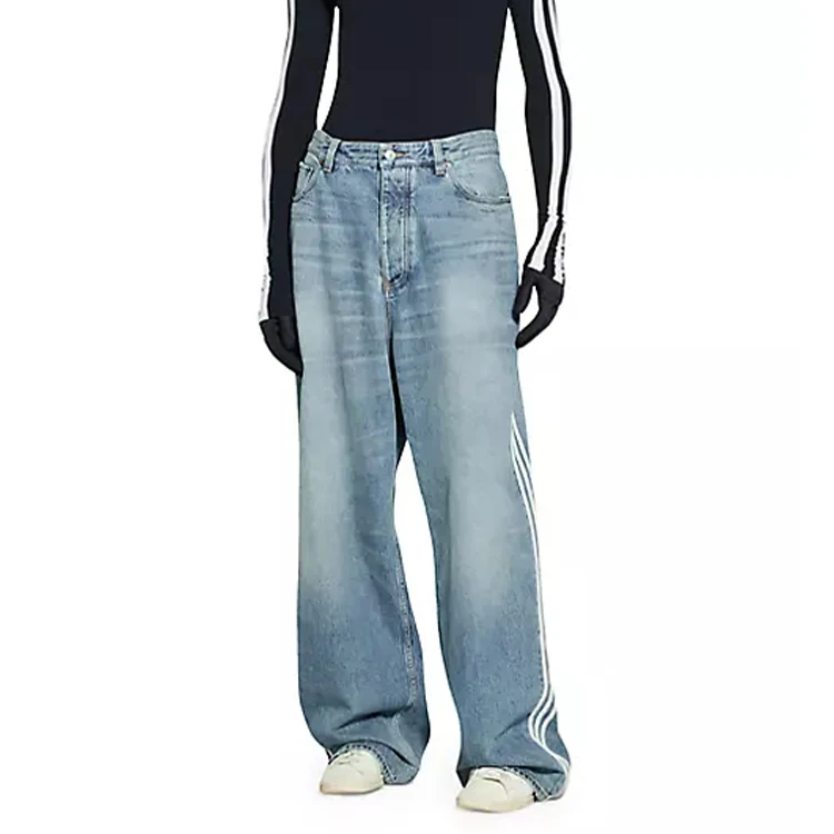 AeeDenim Custom Denim Streetwear Baggy Jeans Washed Wide Leg Jeans Pants Fashion Striped Decorative Straight Denim Jeans Men