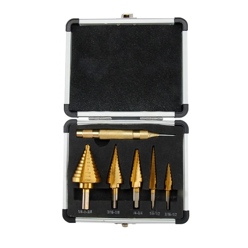 TAICHIV New Arrival High Quality 5pcs/Set HSS COBALT MULTIPLE HOLE 50 Sizes STEP DRILL BIT SET w Aluminum Case