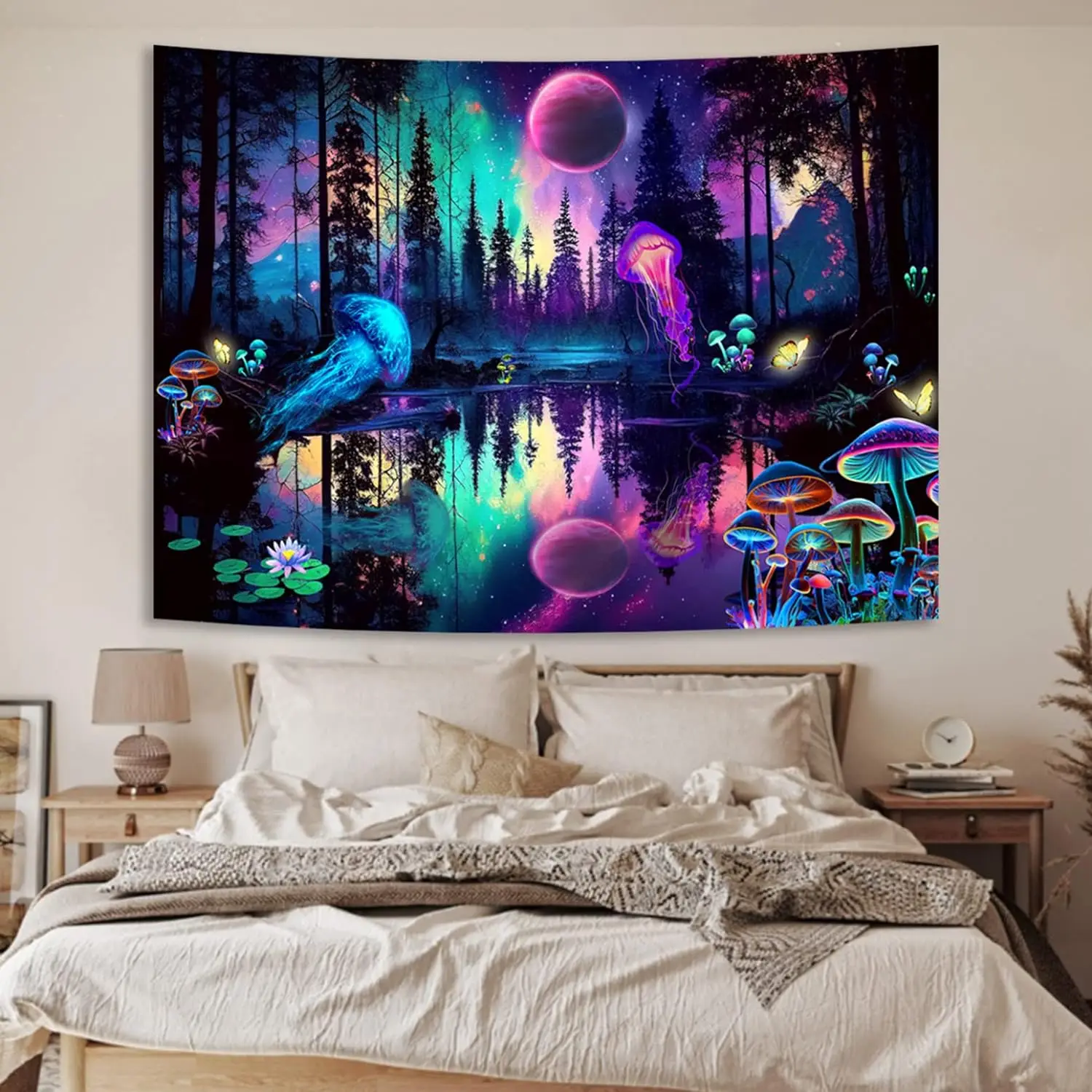 Custom Miytal Fantasy Forest Jellyfish Tapestry Blacklight Colorful Mushroom Butterfly Wall Hanging for Bedroom