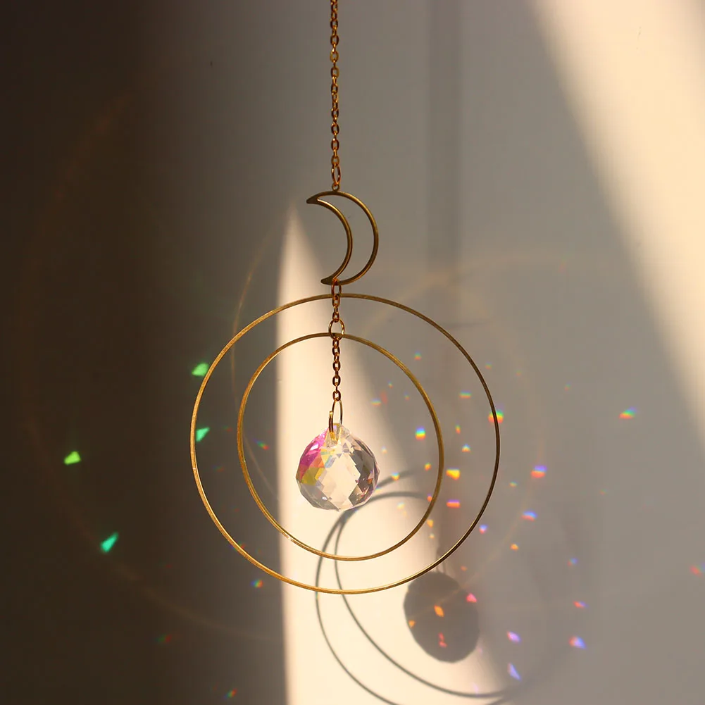 Moon Ring Transparent Shine Hanging Prism Ornament Pendant Home Garden Car Decor Crystal Wind Chime