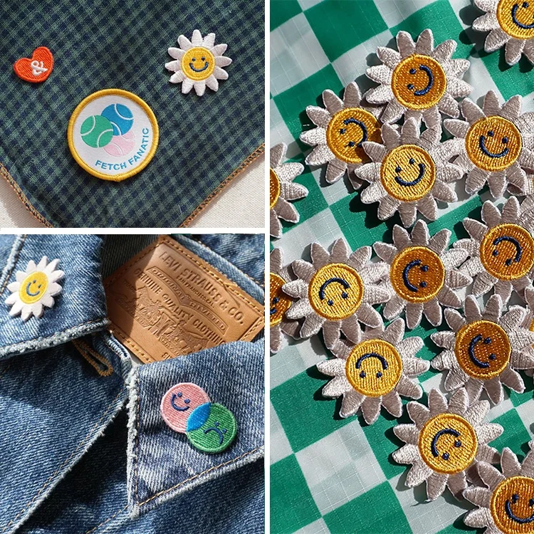 Unique Design Customized Tajima Appliques Mini Cartoon Smile Face Daisy Logo 100% Embroidery Patches for Bandanas