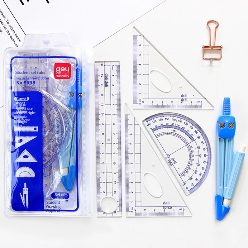Deli 6208 high quality stationery elementary school students with a set ruler ruler triangular ruler protractor