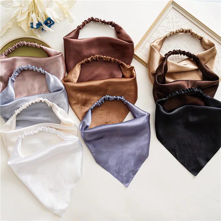 New Style Simple Satin Elastic Band Head Bandanas Scarf Solid Color Fabric Triangular Head Wraps For Women