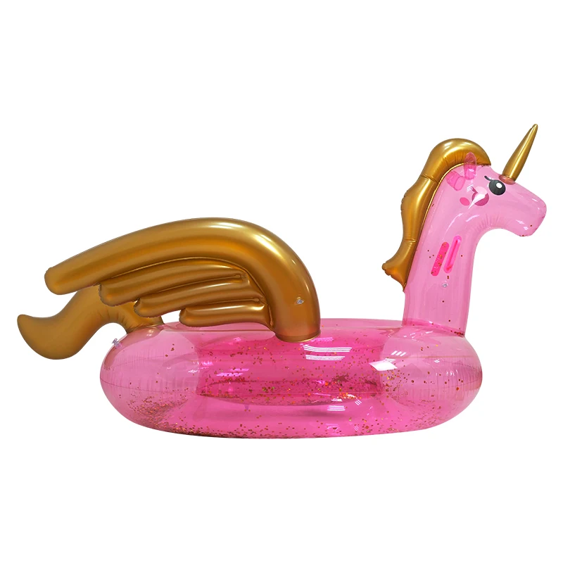 Inflatable island water pool floating unicorn shape with wings and glitter ride-on pink Pegasus pool float with handles