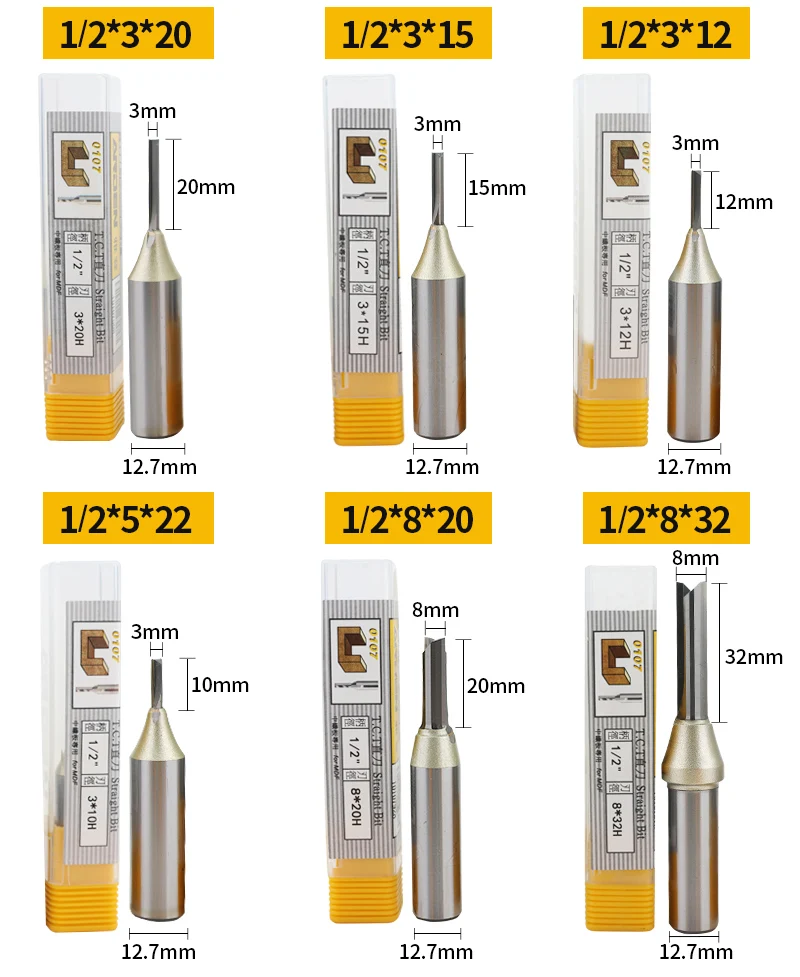 Arden 1/2 Shank 0107 Tct Straight Cnc Wood Router Bit 2 Flutes Straight Bits Grooving Woodworking Endmill Milling Cutter
