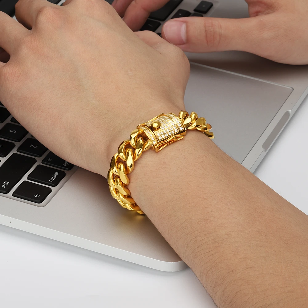 Мужской золотой браслет в стиле хип-хоп с кубинской цепочкой из нержавеющей стали алмазной пряжкой циркониевым камнем 18 карат позолоченные ювелирные изделия