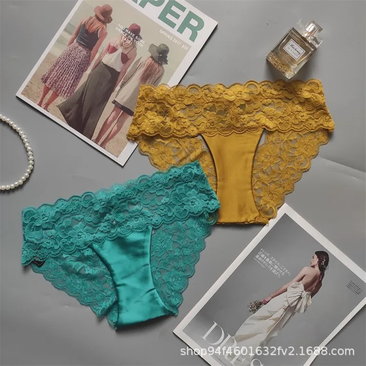 Ms new triangle low-rise pants satin surface diamond decoration hollow out net yarn lace sexy