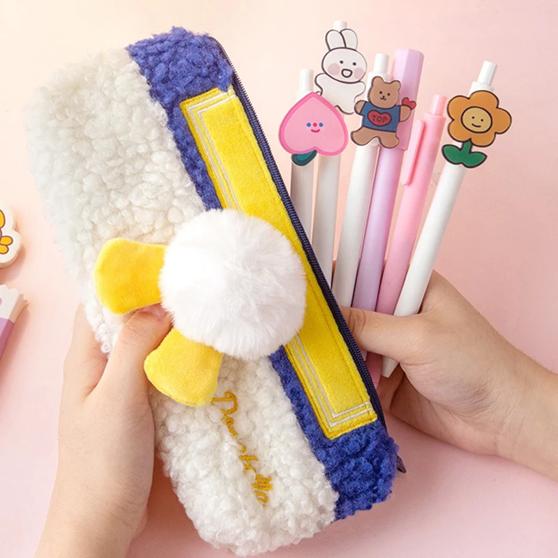 Wholesale Girls Colorful Cute Fur Pencil Bag School Stuffed Soft Pencil Case Creative Plush Pen Bag