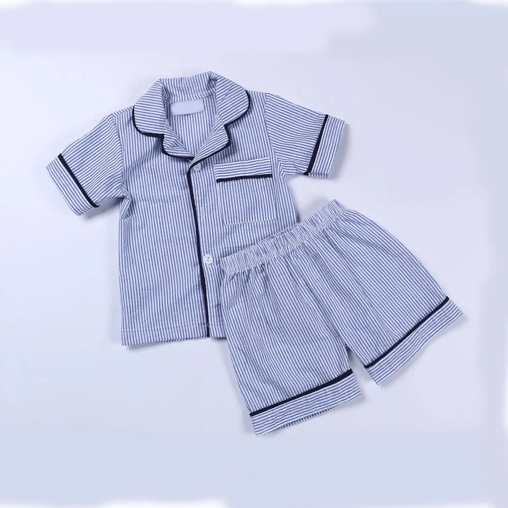 
spring summer short sleeve 100% cotton seersucker buttons up with pocket cheap soft kids boys seersucker pajamas  (62361698622)