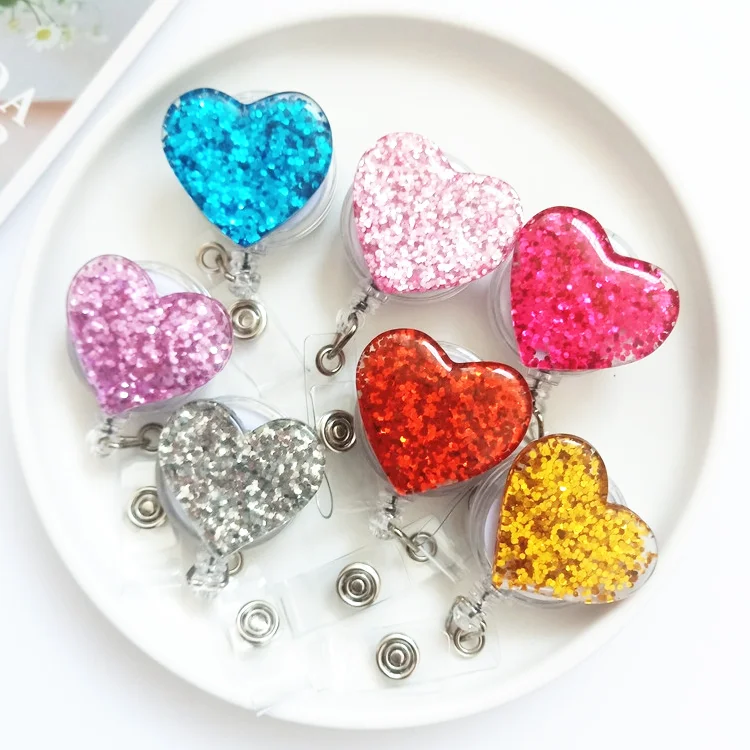 New arrival badge reel custom heart shape name card holder sleeve clip retractable acrylic glitter with alligator clip
