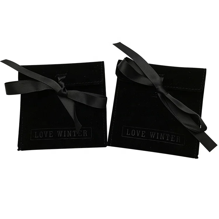 Custom Embossed Logo Small Jewelry Packaging Pouch Black Velvet Bag Suede Jewelry Envelopes Pouch Jewelry Organizer With Bow