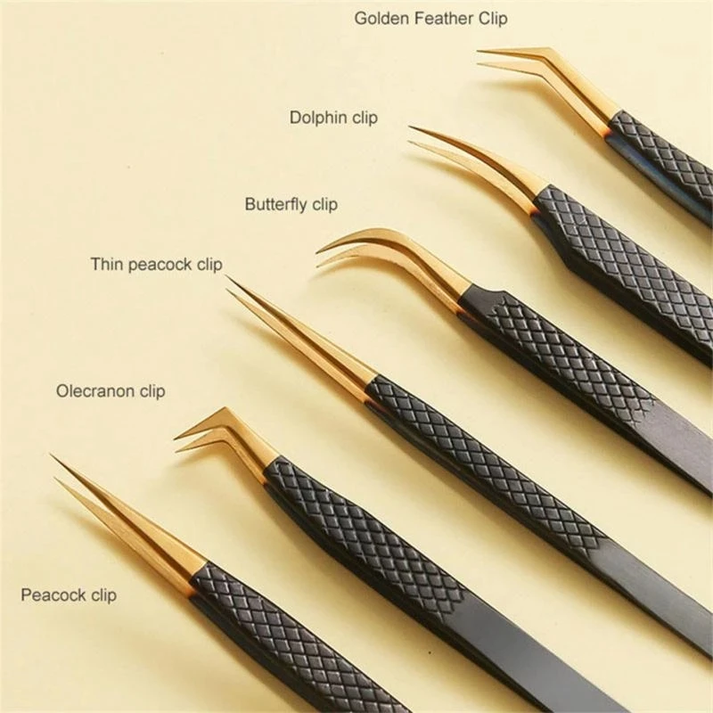 Professional Fiber Tips Lash Tweezers Stainless Steel Handle 6 Pcs Lash Tweezer Set With Case