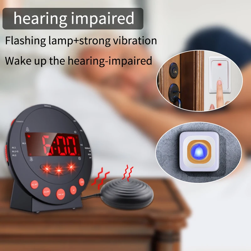 Deaf hearing impaired with bed shaker doorbell reminder vibrating ring alarm clock for hotel nightstand