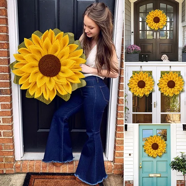 Front Door Hanging  Welcome Decoration Polyester Sunflower Wreath For Harvest Festival Front Door Indoor Wall Or Window Decor