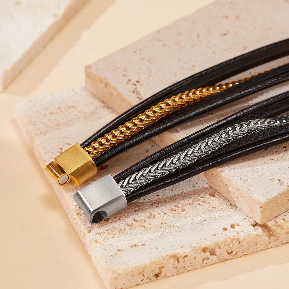 Hot Selling Retro Leather Bracelet 2024 Trendy Stainless Steel Chain Multilayer Leather Bracelet for Men