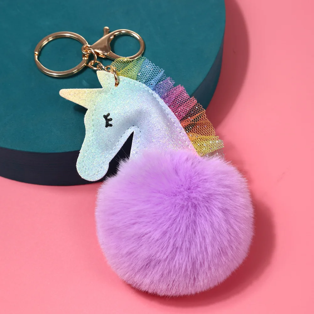 wholesale multi colors fur ball cute puff keyring pompom Fur Ball Plush Unicorn keychain for women handbag Bag charm Accessories