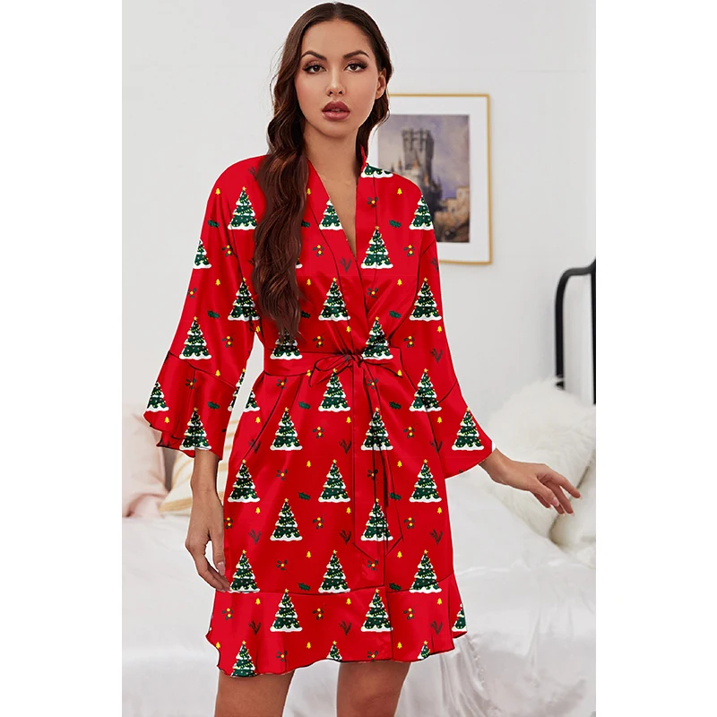 Customize Home Robe Print Cartoon Decorations Sexy Pajama Satin Three Quarter Sleeve Bathrobe Christmas Short Pajamas Women Robe