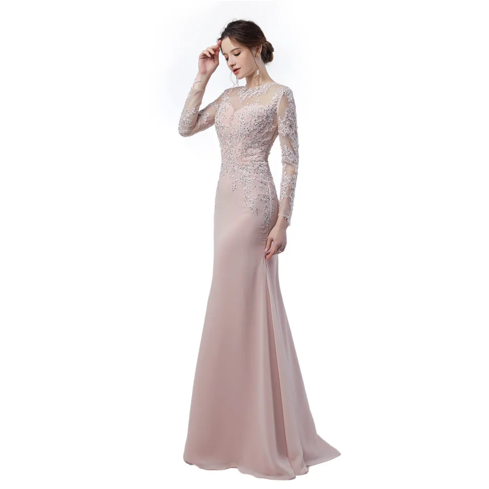 Blush Pink Bridesmaid Sheer Illusion See Through Long Sleeves Mermaid Long Chiffon Wedding Party Event Peach Brides Maid Dress