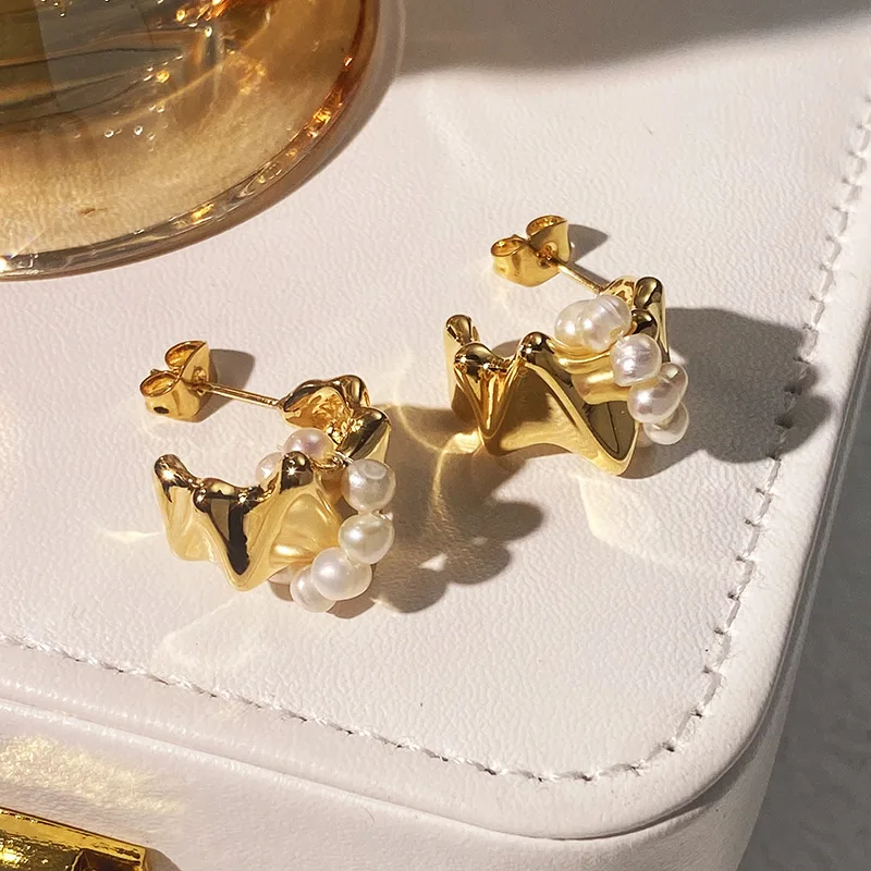 Aimgal fine jewelry Natural Freshwater pearls brass plated 18k gold French geometric design earrings