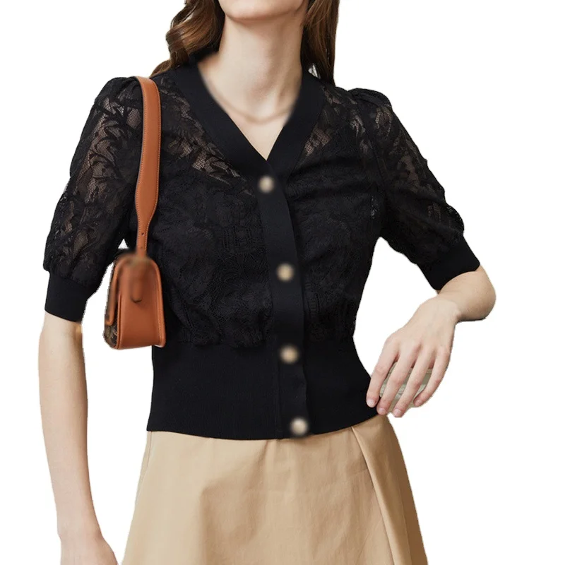 Lace-stitched puffy sleeve high quality hollow out T shirt sweater