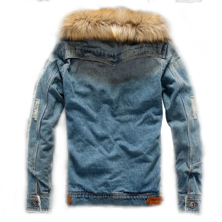 
Winter Autumn Pocket Button Warm Faux Fur Coat Men Denim Jacket with Fur Collar 