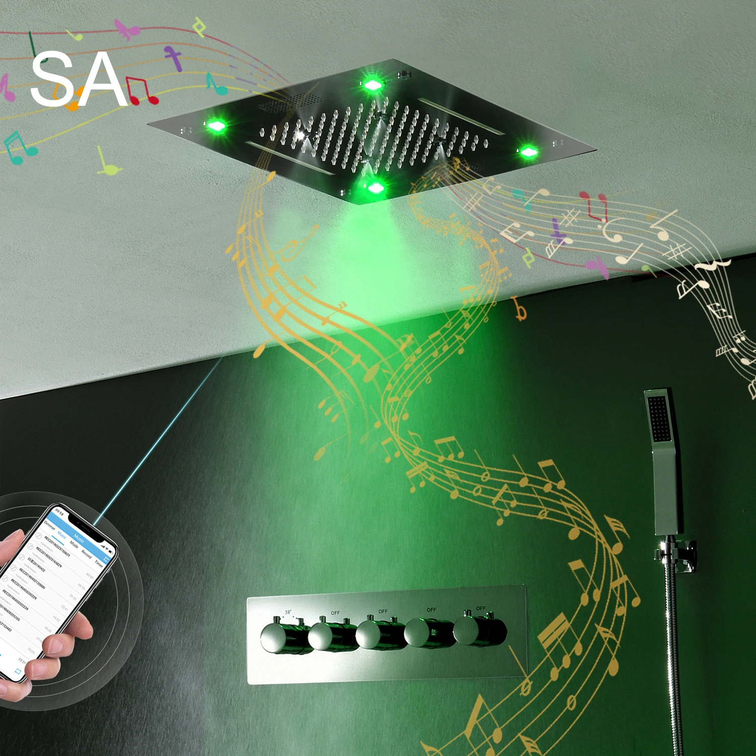 16 Inches 40x40 cm Rain and Waterfall Embedded Ceiling LED Bluetooth Music Shower Head Bathroom Thermostatic Shower Faucet Set