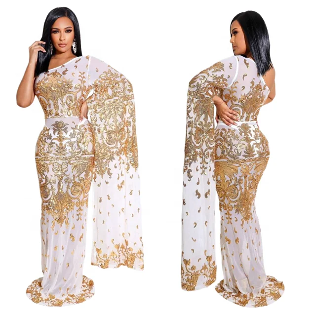 Women Party Dress One Shoulder Designer Luxury Evening Dresses  See Through Embroidery Sequin Party Night Evening Dress 3XL