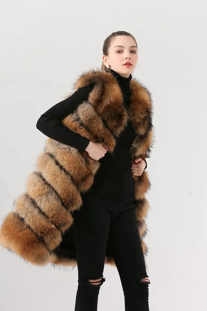 QIUCHEN- QC19082 New arrival hot sale long model natural real raccoon fur vest gilet women girls high quality