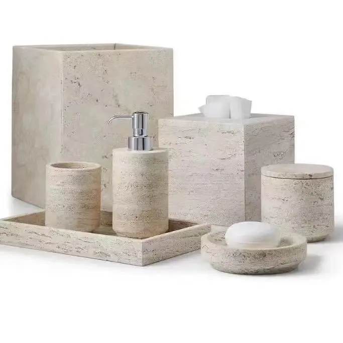 Wholesale Luxury 8 Piece Natural Travertine Stone Marble Ceramic Bathroom Vanities Accessories Set