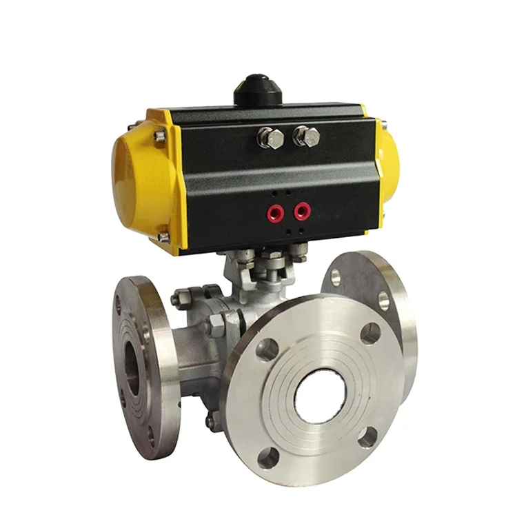 3 Ways DIN Flange Pneumatic Ball Valve Stainless steel 304 Spring Returned pneumatic valve