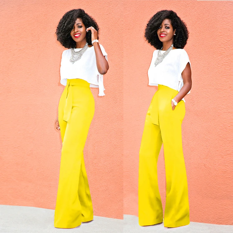 wholesale casual  basic pure color wide leg pants women with bandage