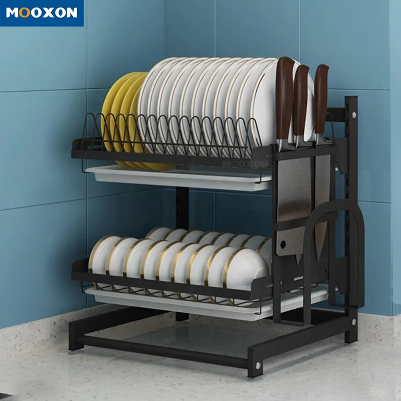 Wall Mount 2  Tier Plate Organizer Countertop Storage Stand Stainless Steel Bowl Drainer Dish Drying Rack With Cutlery Holder