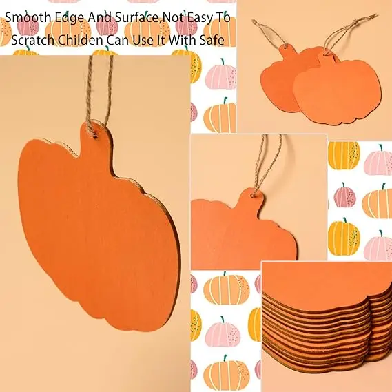 Orange Pumpkin Wood Cutouts Crafts 4Inch Wooden Pumpkin Shaped Hanging Ornaments with Hole
