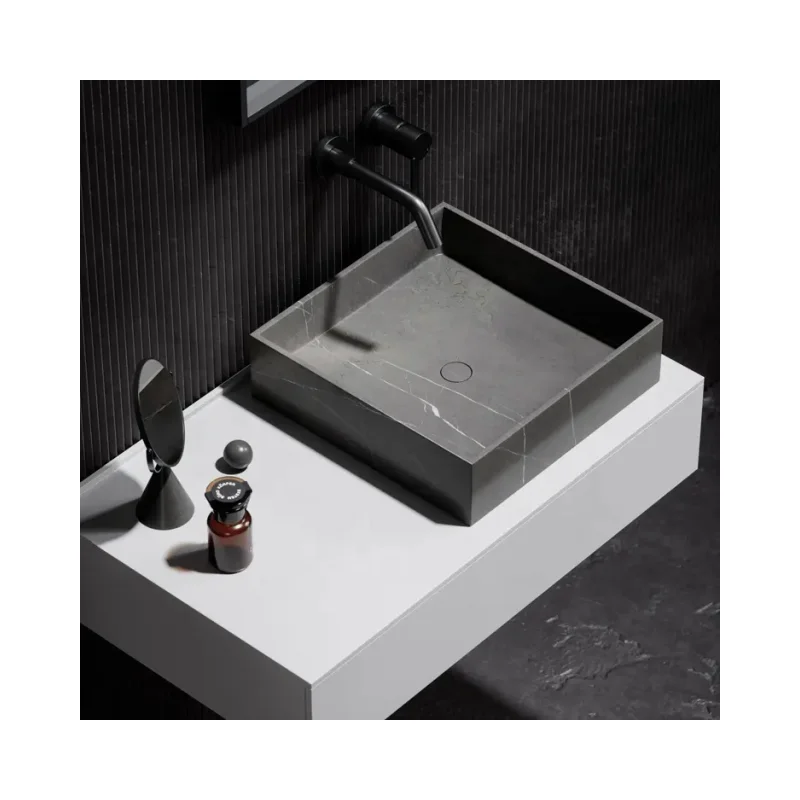 SHIHUI Thin Edge Gray Color Marble Basin Square Pietra Grey Marble Stone Wash Sink for Bathroom Countertop