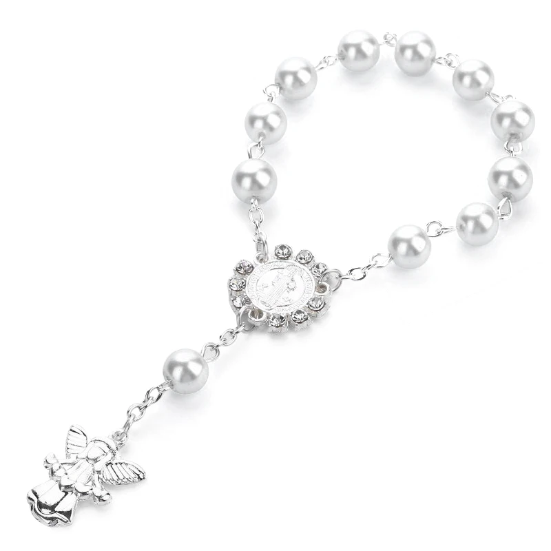 Religious colorful Jewelry Catholic Holy Communion Sublimation Rosary Bracelet Angel Pendants Baptism Gift