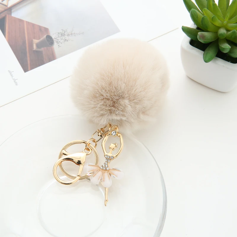 
Faux Rabbit Fur Pom Pom Angel Ballet Girl Designer Key Chain for Ladies Keyrings Metal Charm Acessories Pendant Women 1054A 
