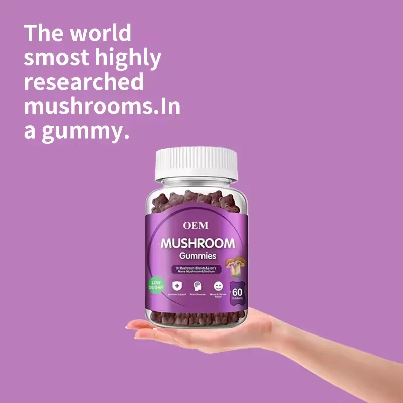 Hot Sale Vegan Mushroom Extract Gummies With Lions Mane Chaga Cordyceps Immune Supplements With Blueberry and Strawberry