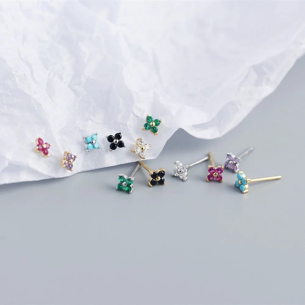 NEW 925 Sterling Silver Red Turquoise Purple Black Cz Diamond Minimalist Four Clover Flower Charm Stud Earrings