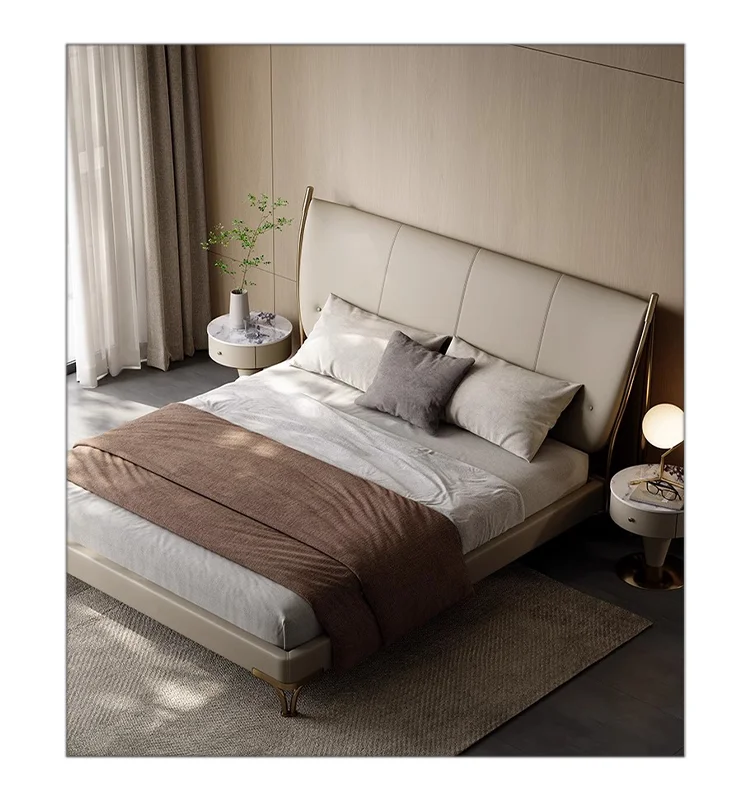 Popular Design King Size Bed Bedroom Furniture Stainless Steel Legs With Solid Wood Frame Full Genuine Leather Hotel Bed